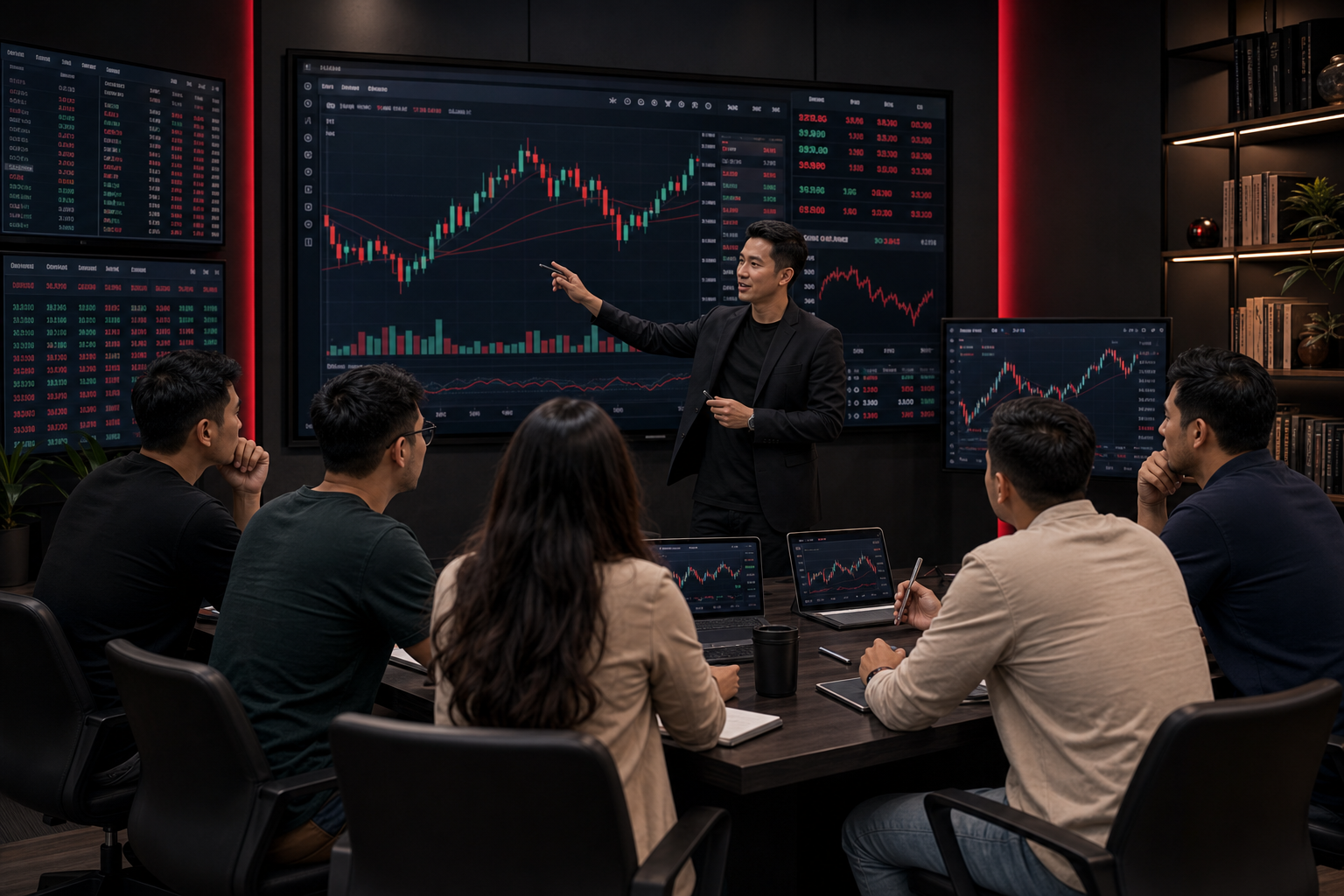 PounderFX mentorship classroom with students learning chart analysis from an instructor.